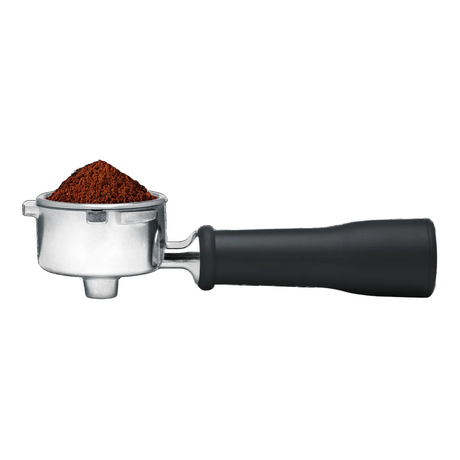 Breville  portafilter with coffee grounds.