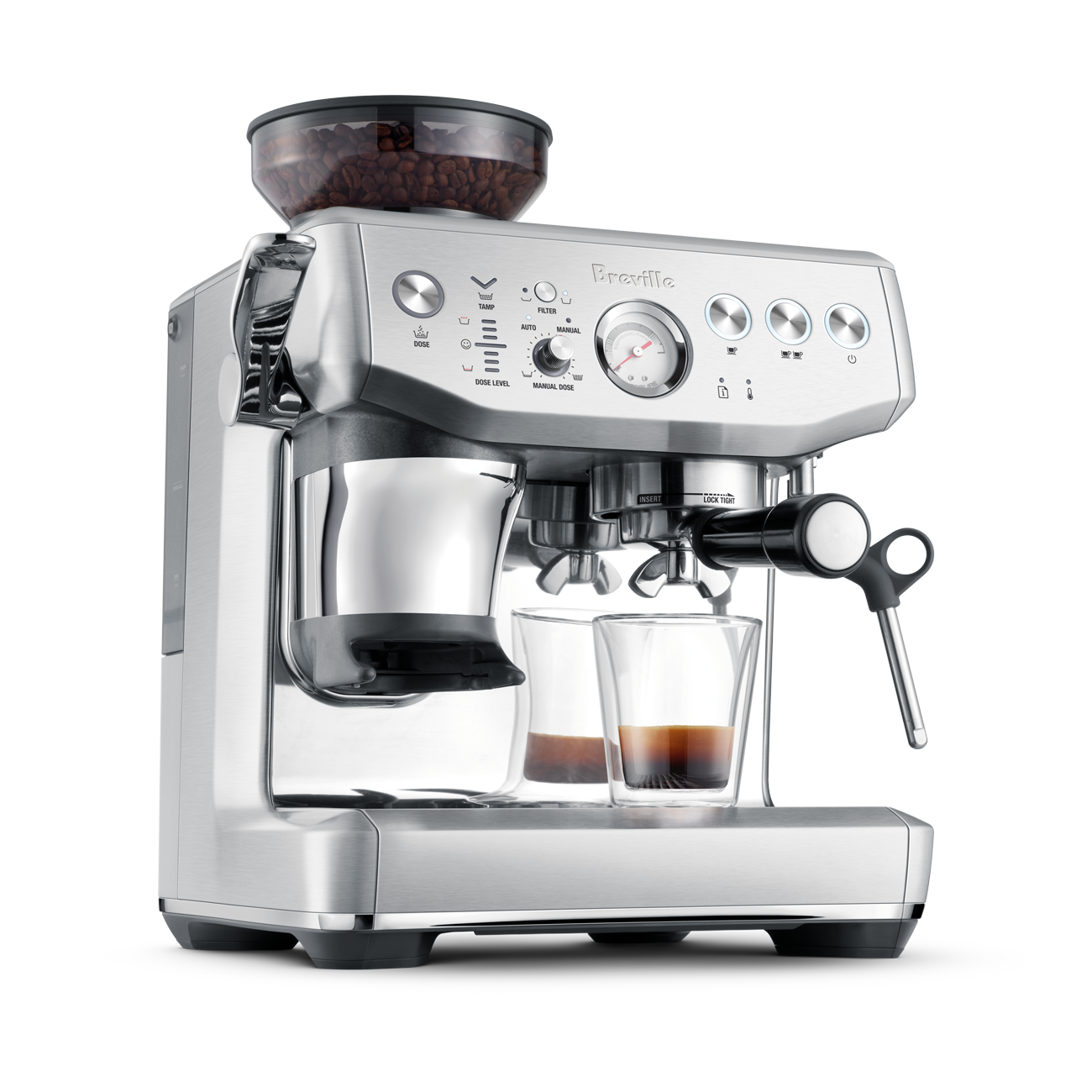 Breville Barista Express Impress espresso machine with built-in grinder, assisted tamping, steam wand, and two espresso glasses.