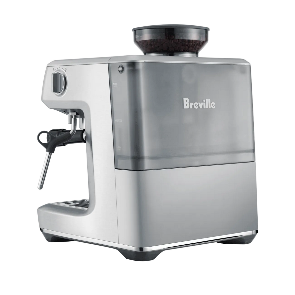 Breville Barista Express Impress Espresso Machine on a white background 3/4 view back.