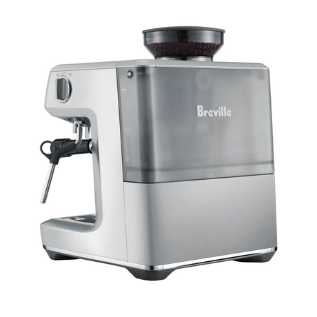 Breville Barista Express Impress Espresso Machine on a white background 3/4 view back.