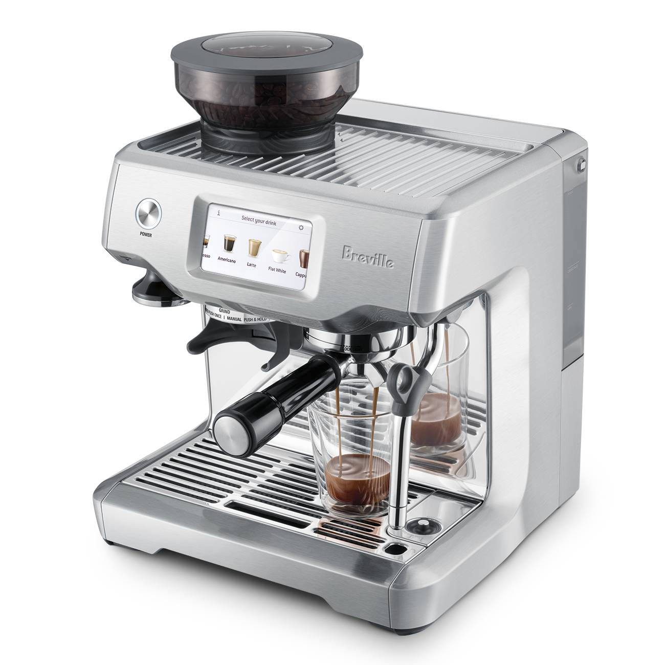 Barista Touch Espresso Machine with shot glass of espresso top 3/4 view