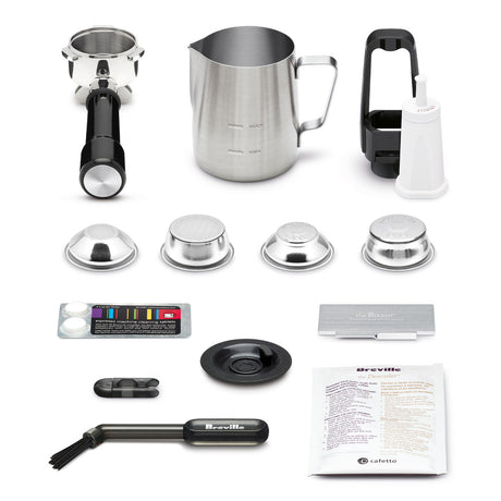 Collection of Breville coffee-making tools and accessories for the espresso machine on a white background