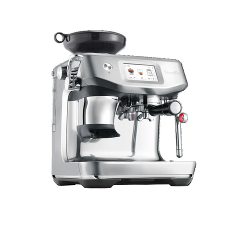 Breville Barista Impress Touch Espresso machine with dimensions indicated on a white background