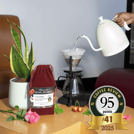 Coffee Review 95 points & #41 badge, Colombia Thermo-Shock coffee in a red velvet bag.