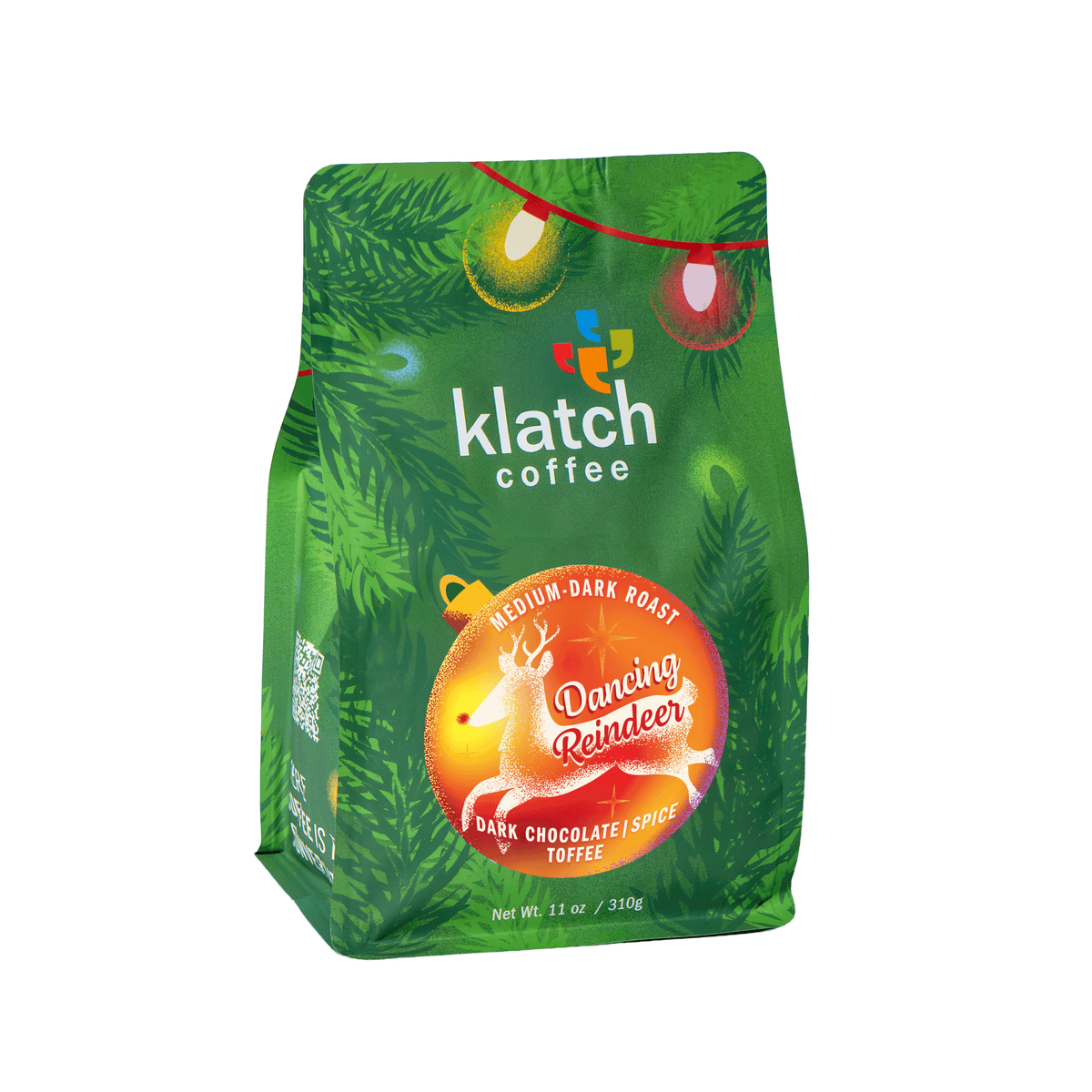 Klatch Coffee Dancing Reindeer holiday coffee bag featuring festive green packaging.