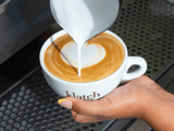 Hands pouring latte art into a mug.
