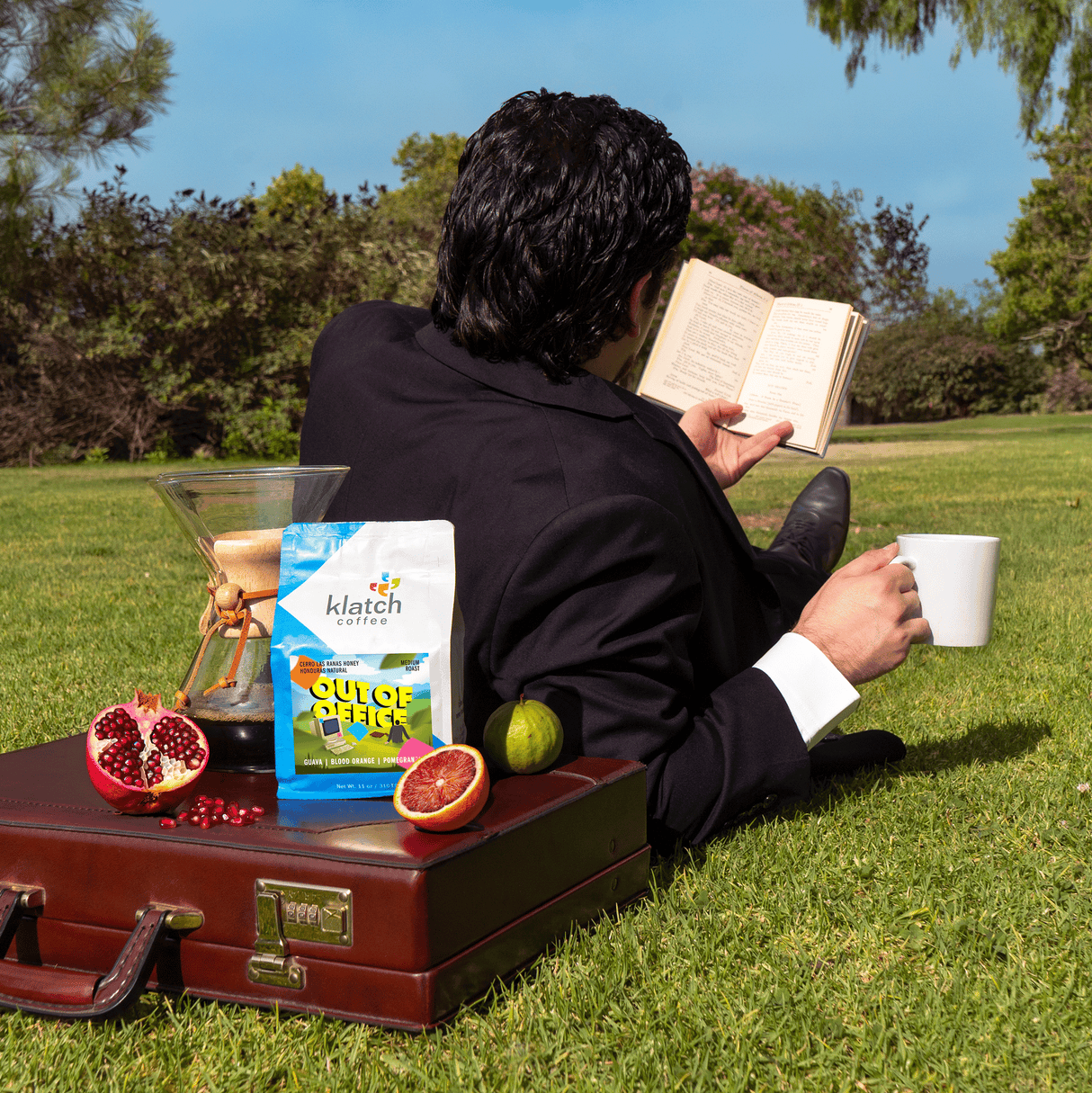 Person sitting on grass reading a book with a briefcase, a chemex of coffee on top with a bag of Out of Office and fruit.