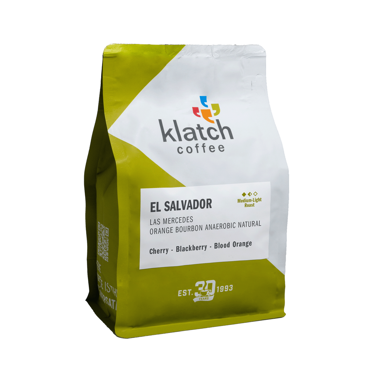 Klatch Coffee El Salvador Las Mercedes Orange Bourbon Anaerobic Natural coffee in green and white coffee bag with white background.
