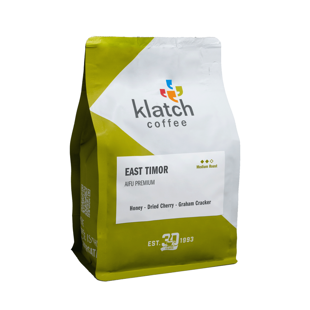 Klatch Coffee East Timor Aifu Premium  coffee in green and white coffee bag with white background.