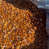 Close-up of honey processed coffee beans with a plastic bag in the background.