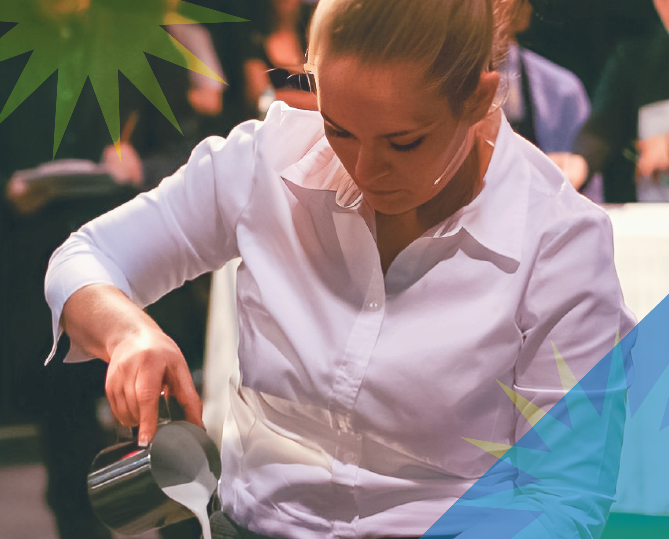 Heather Perry in a white shirt pouring latte art, with blue and yellow shapes in the foreground.