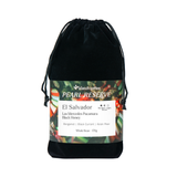 A black velvet drawstring pouch with a printed label for Pearl Reserve El Salvador coffee, shown on a plain white background.
