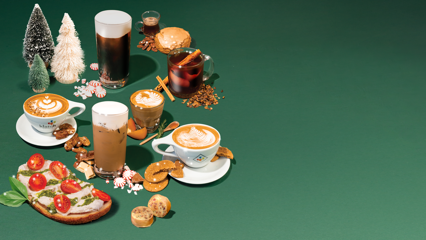 Klatch Coffee Holiday drinks and food menu.