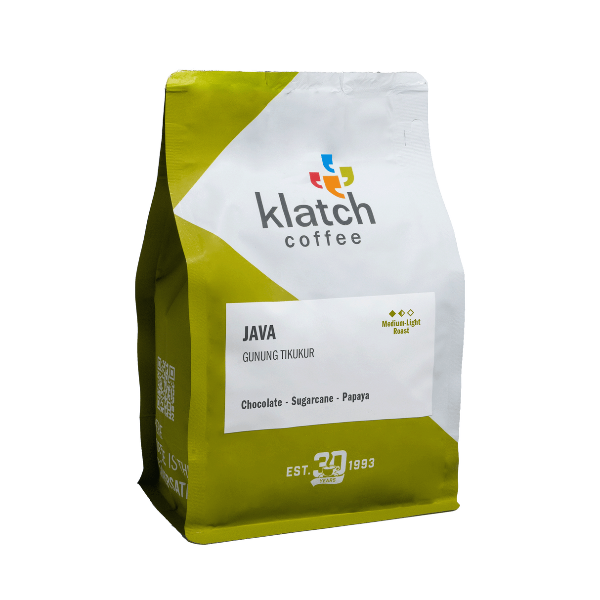 Klatch Coffee Java Gunung Tikukur coffee in green and white coffee bag with white background.