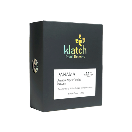 Klatch Pearl Reserve coffee packaging with Panama Janson Alpes Geisha on a white background