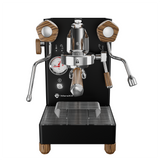 Espresso machine with wooden accents on a white background.