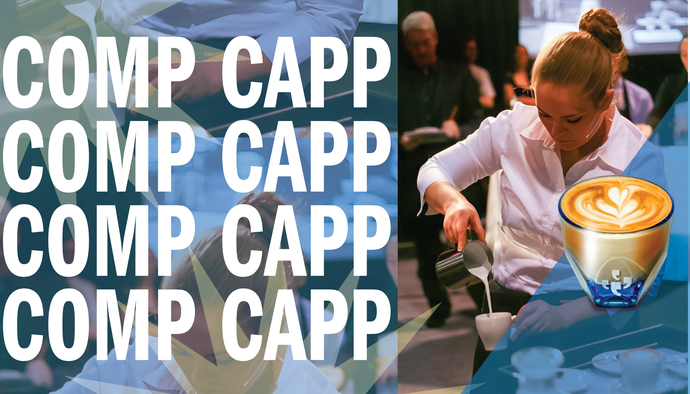 Heather Perry in a white shirt pouring a latte, with a light blue rectangle and the repeated words 'comp capp' in the foreground. A blue glass with the Klatch logo, filled with a latte, sits in the lower right corner.
