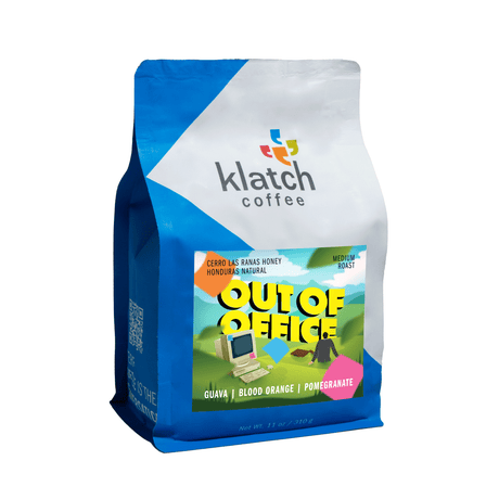 Klatch coffee bag with 'Out of Office' flavor description on a white background