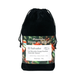A black velvet drawstring pouch with a printed label for Pearl Reserve El Salvador coffee, shown on a plain white background.