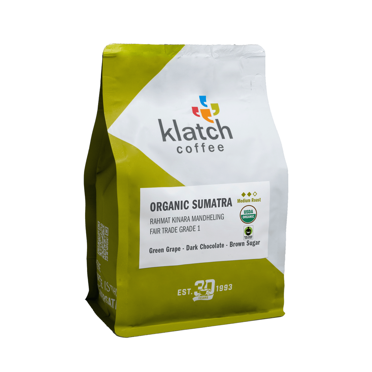 Klatch Coffee Organic Sumatra Fair Trade coffee bag, green and white on a white background.