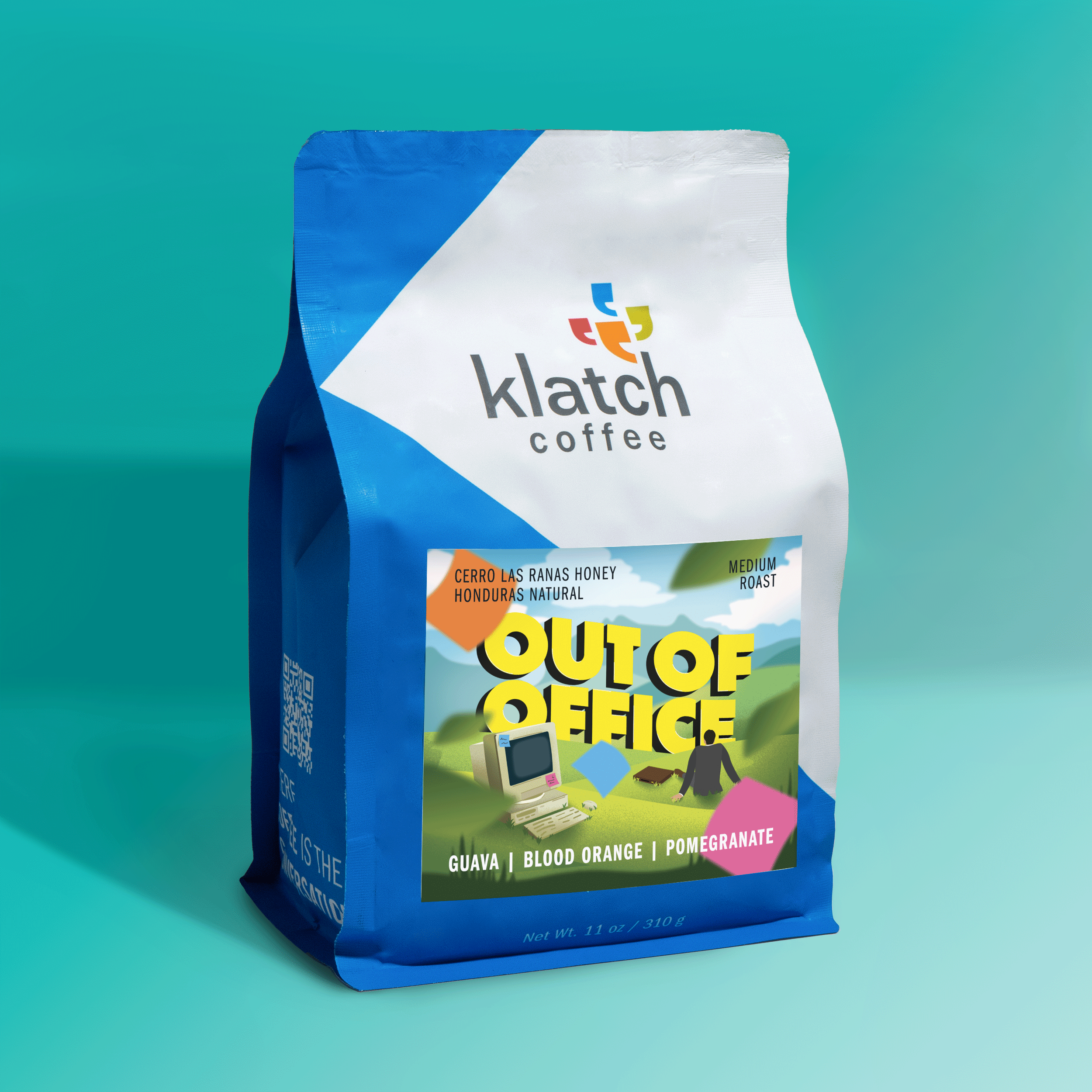 Bag of Klatch Coffee Out Of Office blend displayed on a turquoise background, showcasing the coffee packaging and blend name.