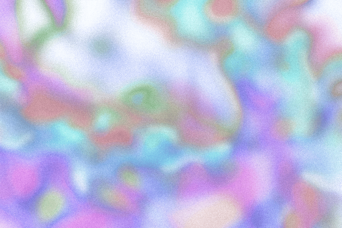 Soft, grainy abstract background with blurred pastel shapes in lavender, blue, pink, mint green, and white, creating a dreamy watercolor effect.