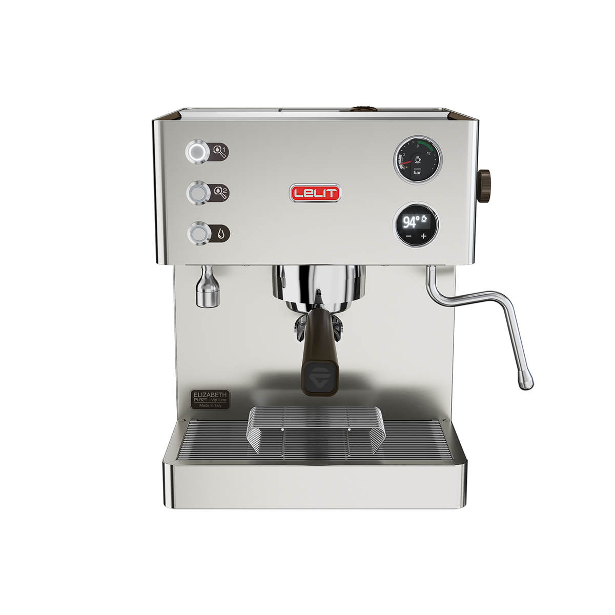 LELIT Elizabeth dual boiler espresso machine with digital temperature display, pressure gauge, portafilter, and steam wand on a white background. 
