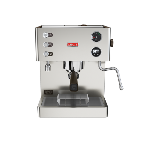 LELIT Elizabeth dual boiler espresso machine with digital temperature display, pressure gauge, portafilter, and steam wand on a white background. 