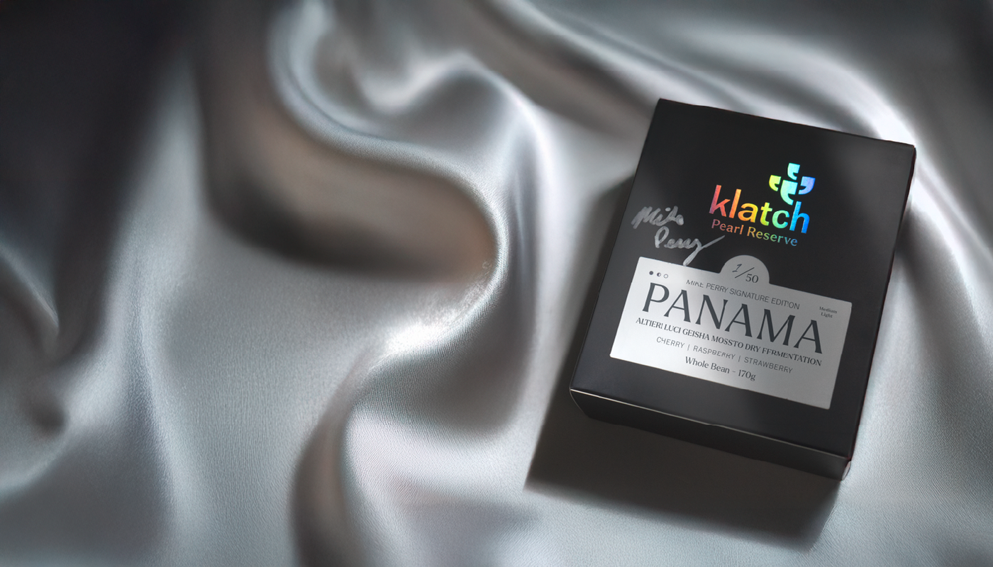 Klatch Coffee Pearl Reserve Altieri Signature Edition box on a satin surface.