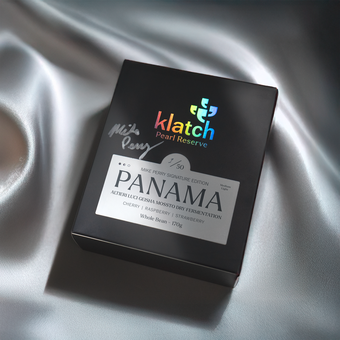 Klatch Coffee Pearl Reserve Altieri Signature Edition box on a satin surface.