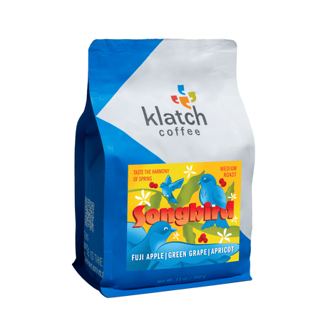 Klatch coffee bag of Songbird blend on a white background