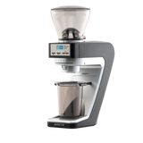 A Baratza espresso grinder with a dark gray and silver body, a clear bean hopper on top, and a clear collection cup below, shown on a solid white background.