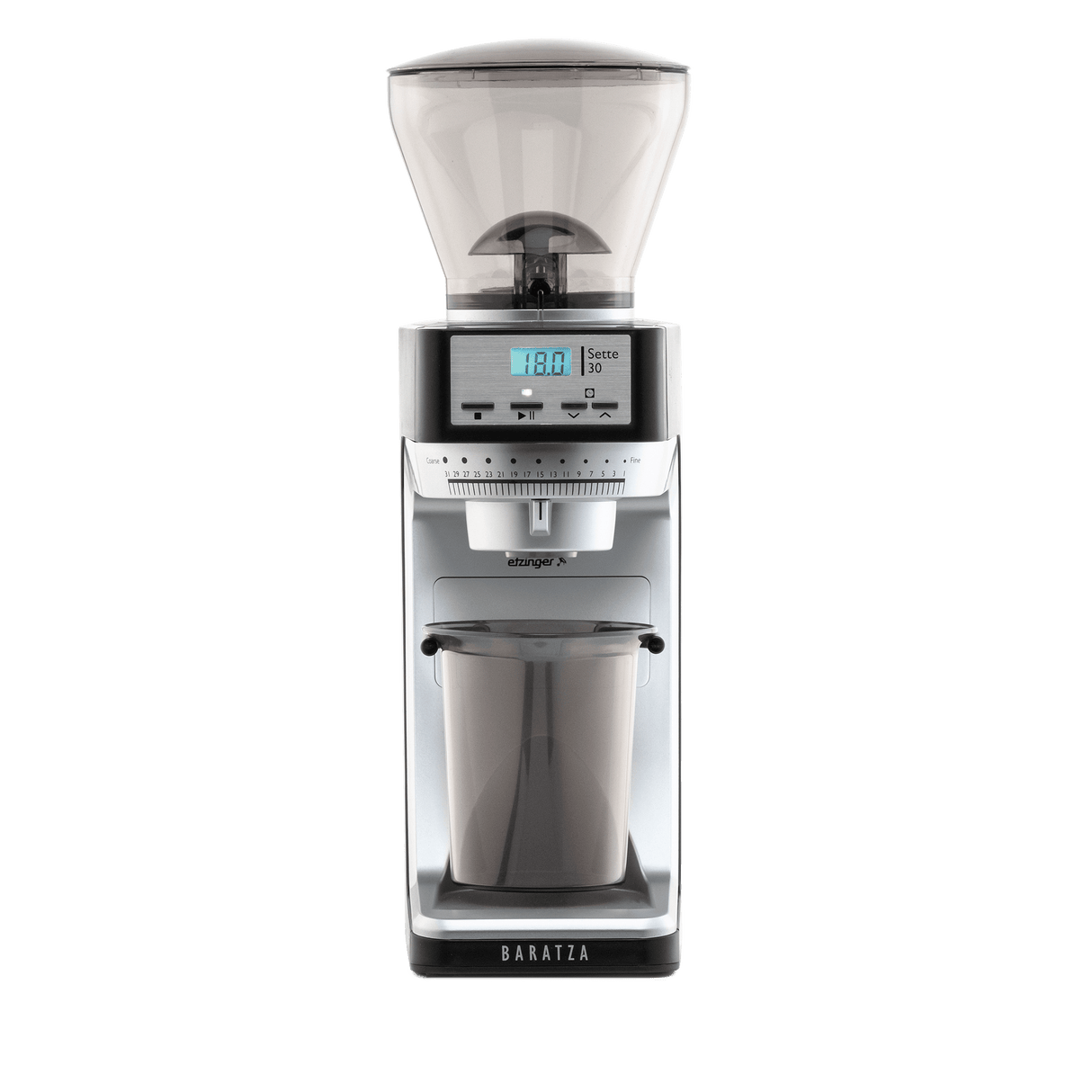 Front view of a Baratza espresso grinder with a dark gray and silver body, a clear bean hopper on top, and a clear collection cup below, shown on a solid white background.