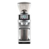 Front view of a Baratza espresso grinder with a dark gray and silver body, a clear bean hopper on top, and a clear collection cup below, shown on a solid white background.