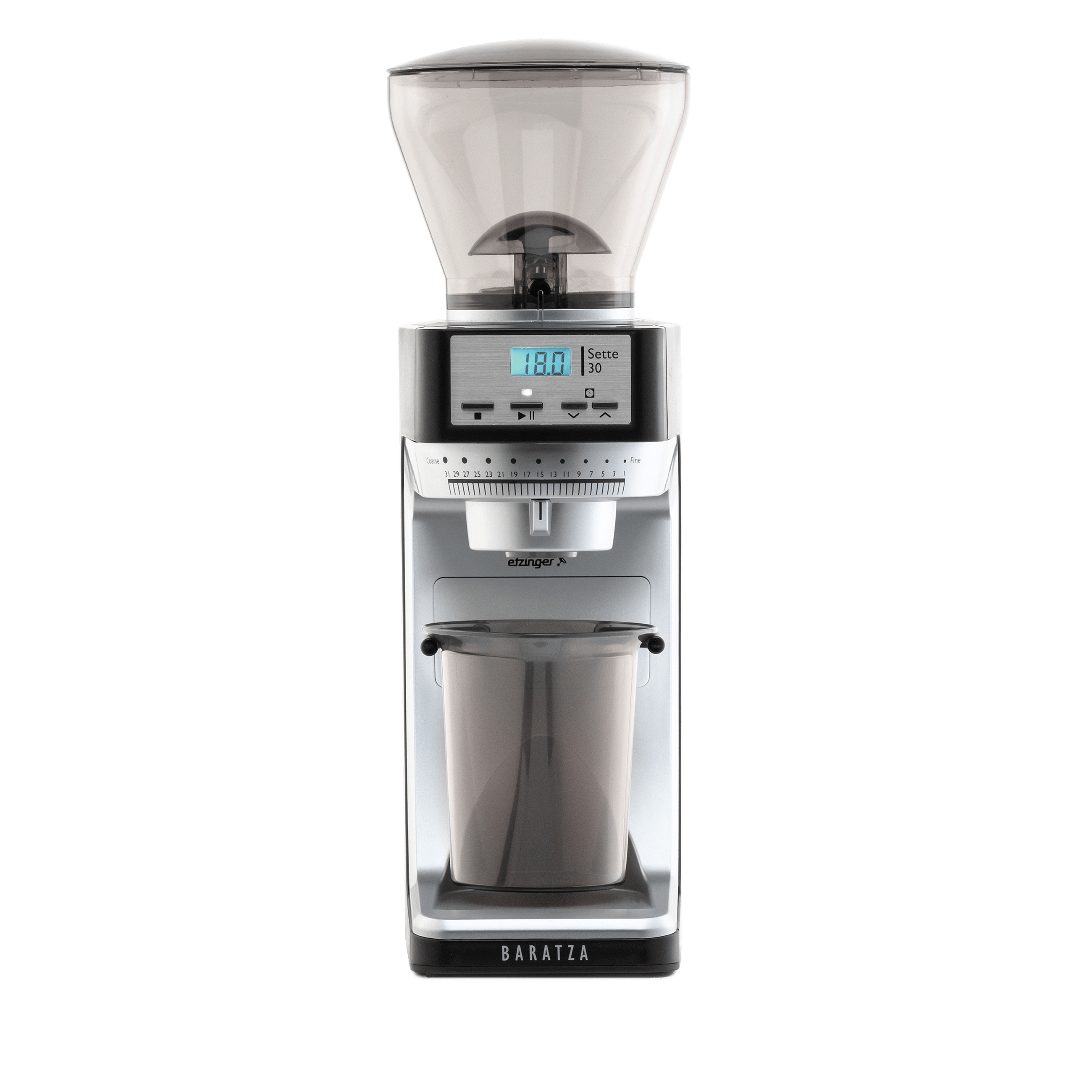 Front view of a Baratza espresso grinder with a dark gray and silver body, a clear bean hopper on top, and a clear collection cup below, shown on a solid white background.