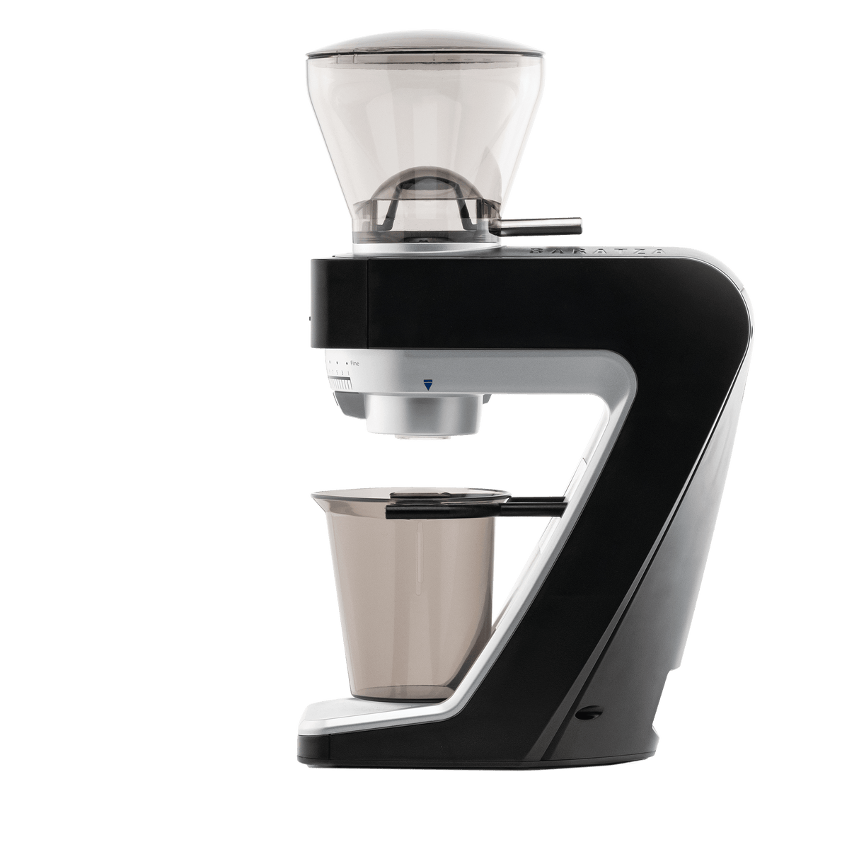 Side view of A Baratza espresso grinder with a dark gray and silver body, a clear bean hopper on top, and a clear collection cup below, shown on a solid white background.