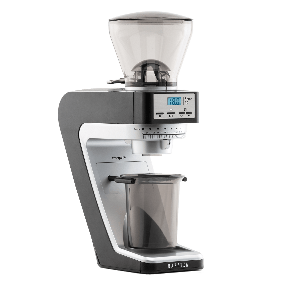 A Baratza espresso grinder with a dark gray and silver body, a clear bean hopper on top, and a clear collection cup below, shown on a solid white background.