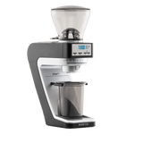 A Baratza espresso grinder with a dark gray and silver body, a clear bean hopper on top, and a clear collection cup below, shown on a solid white background.