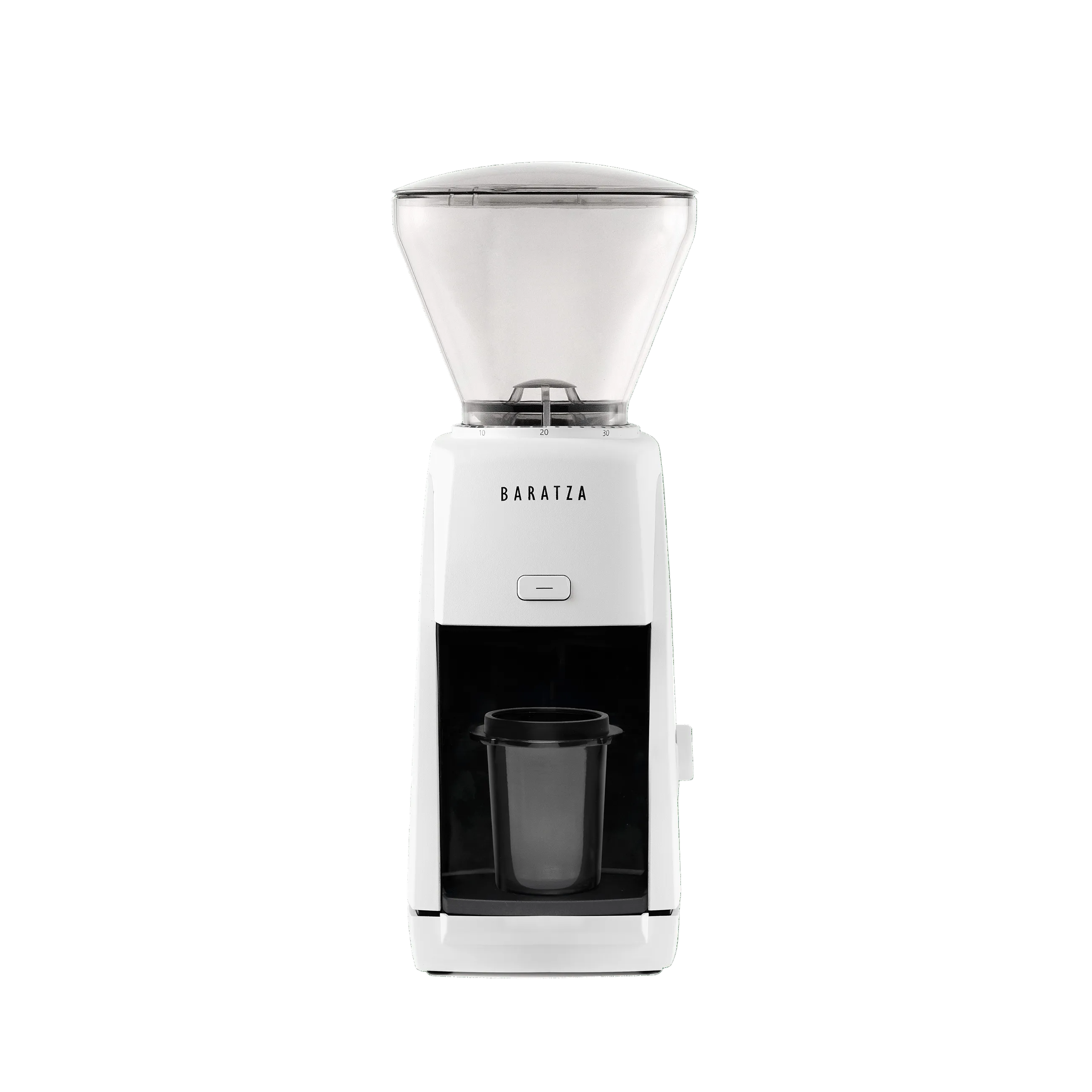 WhiteBaratza Encore EP coffee grinder with clear hopper, front view.