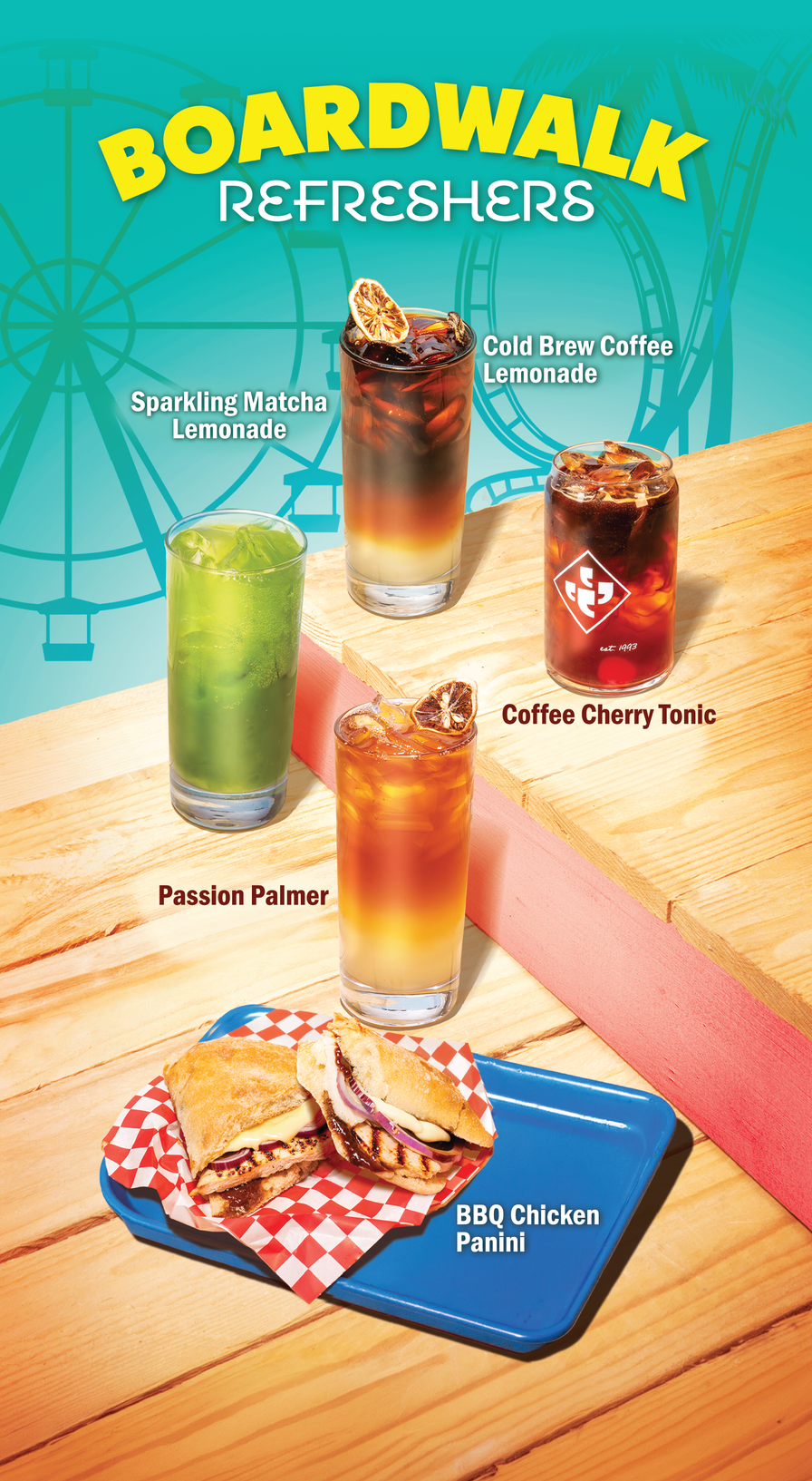 Boardwalk Refreshers menu with drinks and food on a wooden surface.