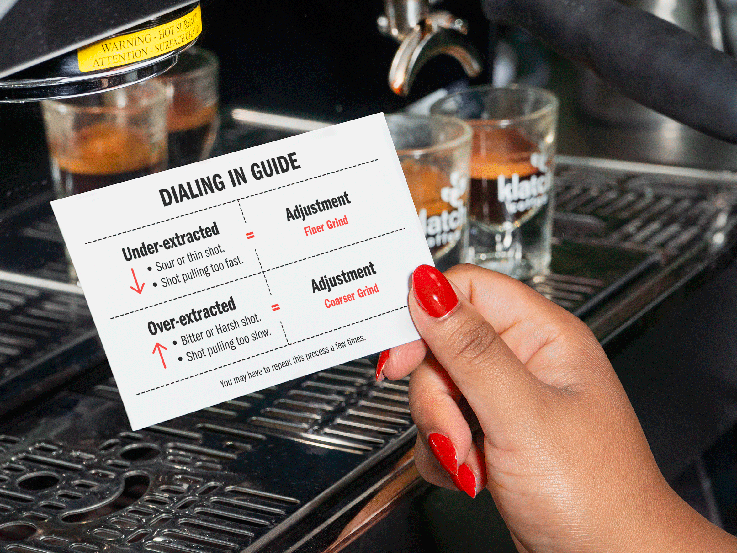 Hand holding an espresso dial-in guide showing when to use a finer or coarser grind based on shot speed and taste.