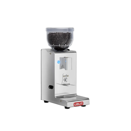 Lelit Fred Tempo Coffee Grinder with a clear hopper of coffee beans on a white background