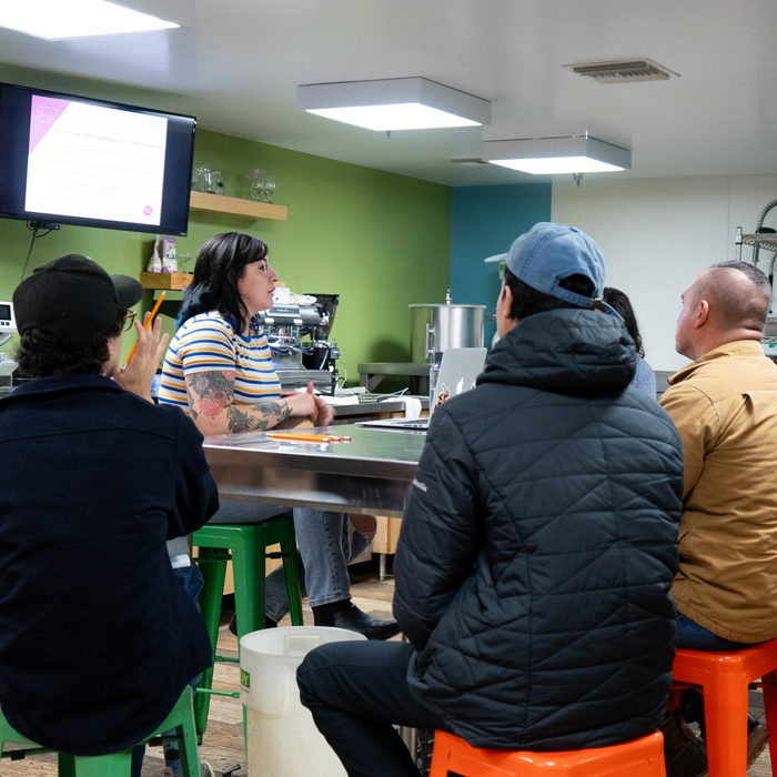 Group of people sitting around a table in a casual setting, watching a presentation of espresso training