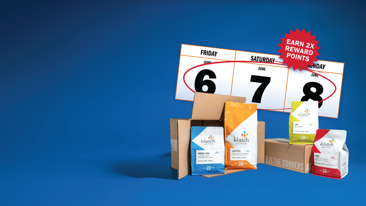 Double Points weekend calendar, June 6th-8th with bags of coffee with klatch shipping boxes.