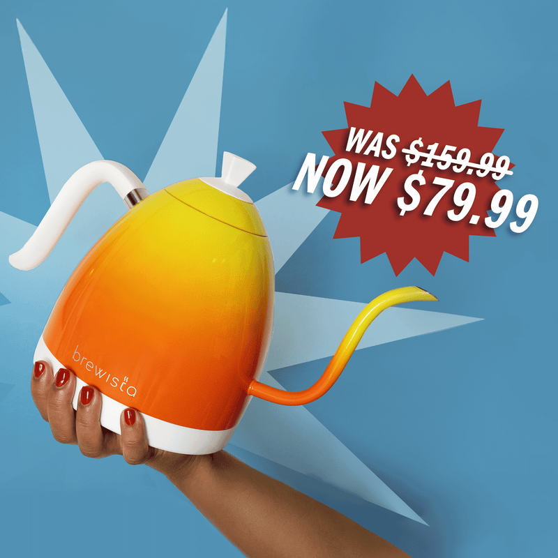 Orange and yellow Brewista Kettle held by hand from bottom with blue background, star graphics and a 'was $159.99, Now $79.00 graphic next to kettle.