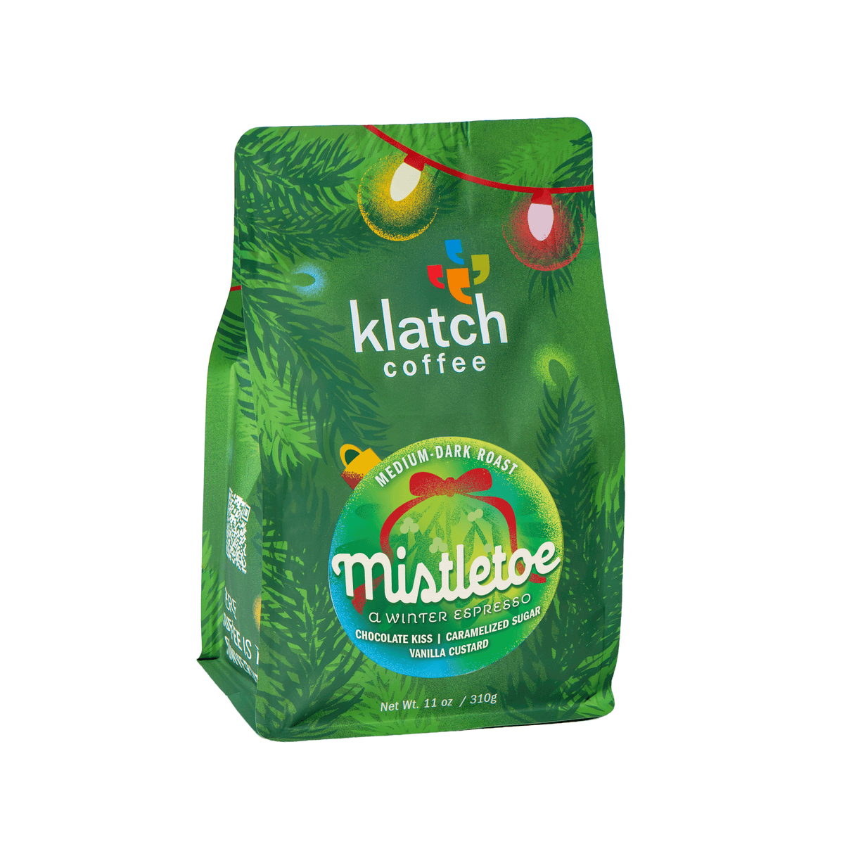 Klatch Coffee Mistletoe holiday coffee bag featuring festive green packaging with a mistletoe illustration.