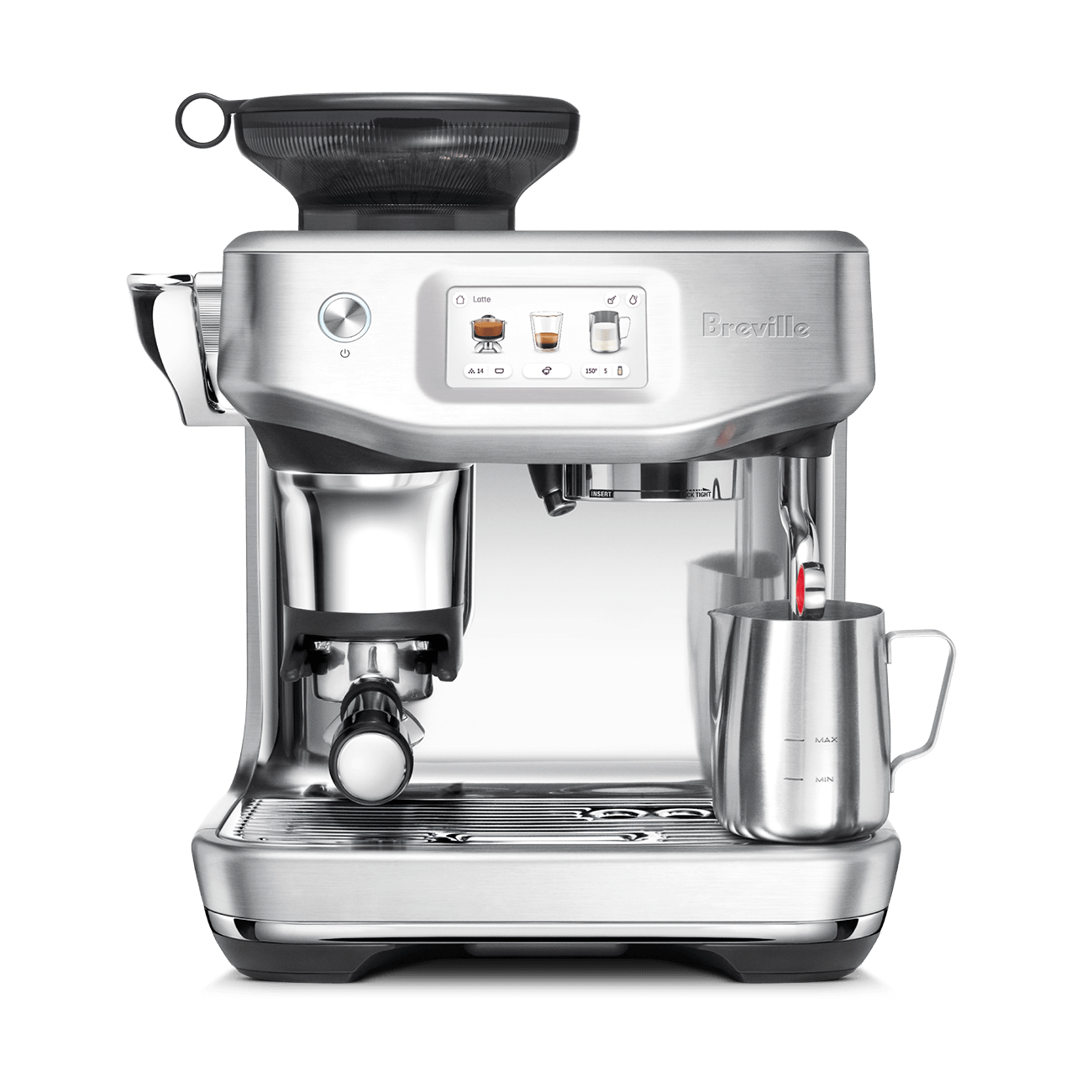Breville Barista Touch Impress espresso machine with touchscreen display, built-in grinder, portafilter, and automatic milk frothing system.
