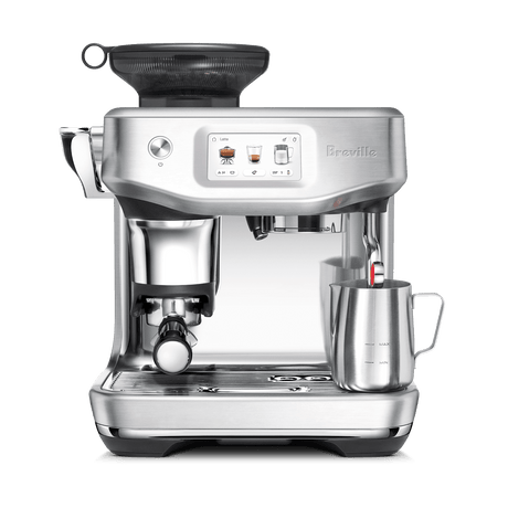 Breville Barista Touch Impress espresso machine with touchscreen display, built-in grinder, portafilter, and automatic milk frothing system.