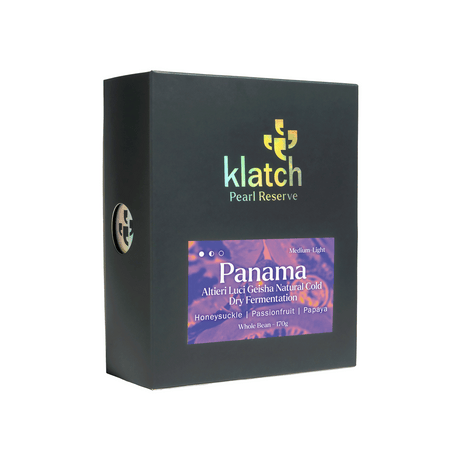 A black rectangular product box for Klatch Pearl Reserve Panama DF Fermentable, featuring a purple and orange label on the front, set against a plain white background.