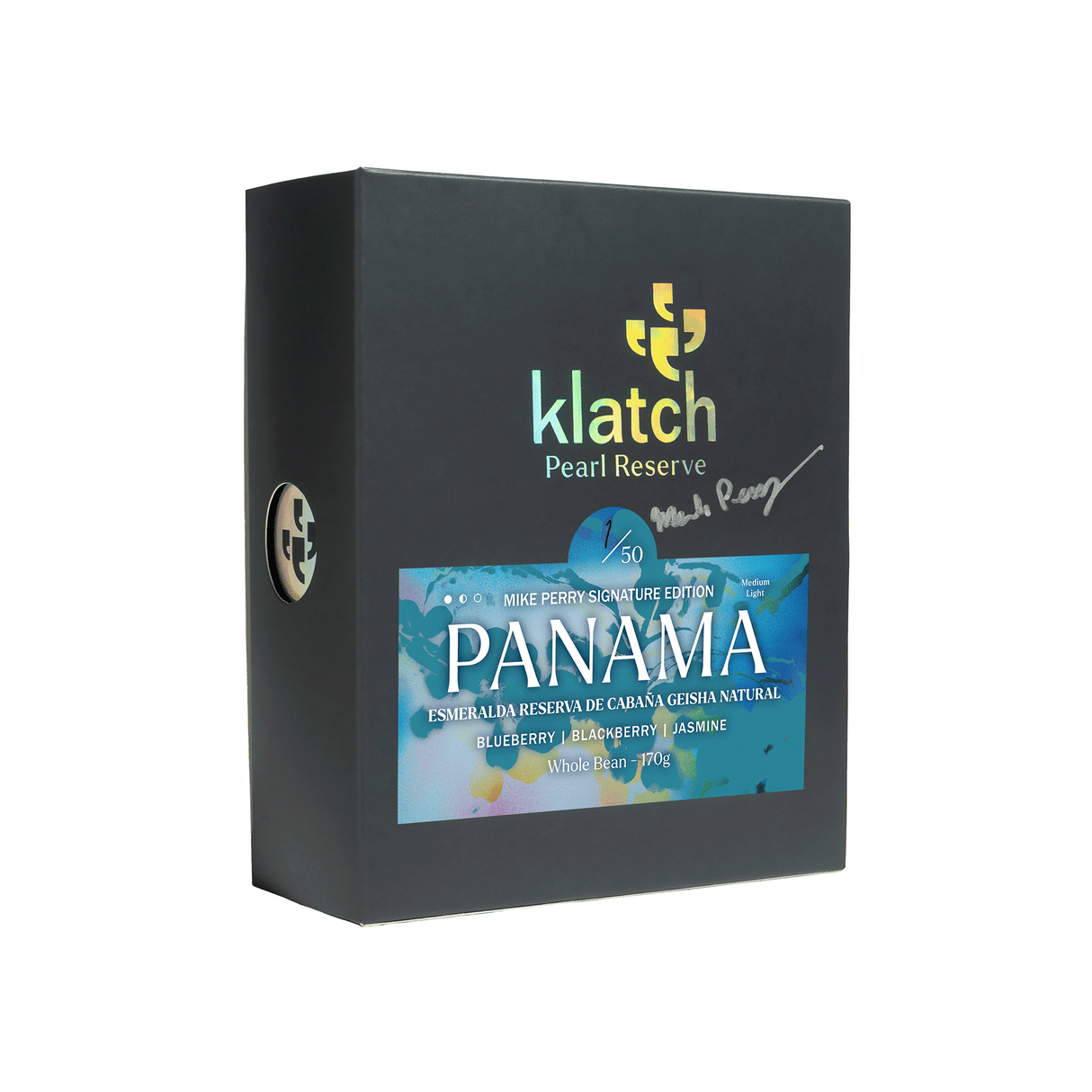 Klatch Pearl Reserve Panama Mike Perry Signature EditionEsmeralda, featuring a blue and multicolor label on the front, on a plain white background.